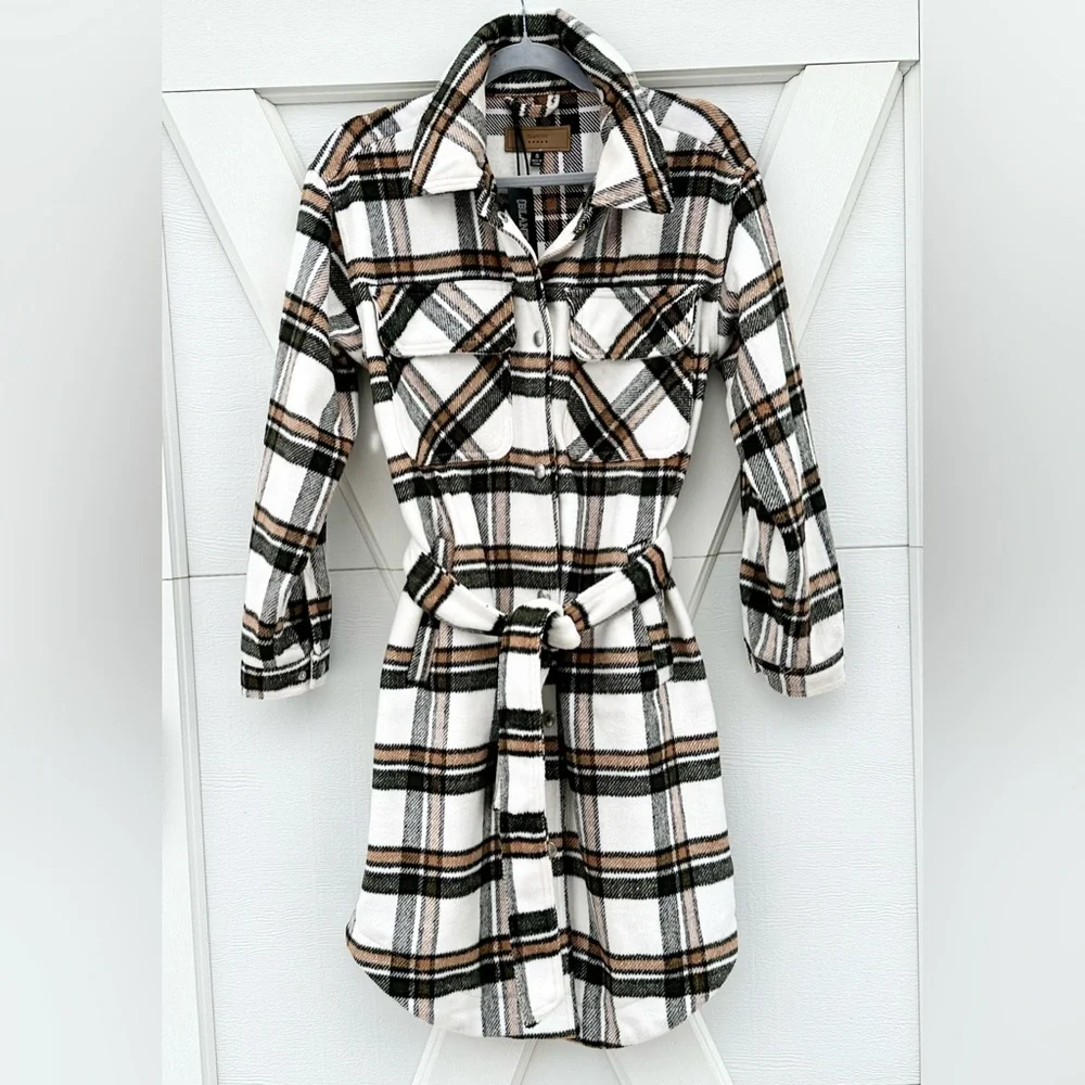 Blank NYC Cream Plaid Long Shacket - Picture 1 of 5